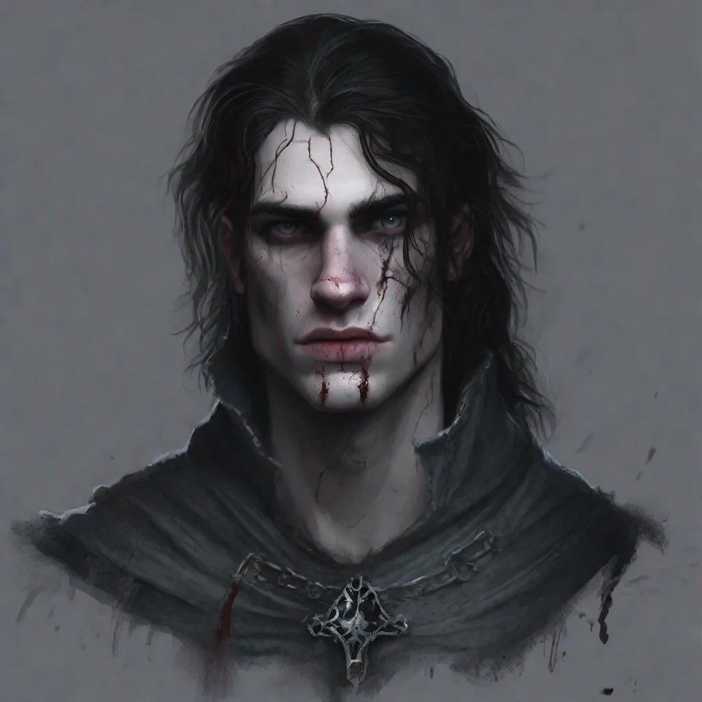 Prompt: teenage boy, male, gray skin, scars, gory scars, medieval fantasy, black hair, long hair, painted