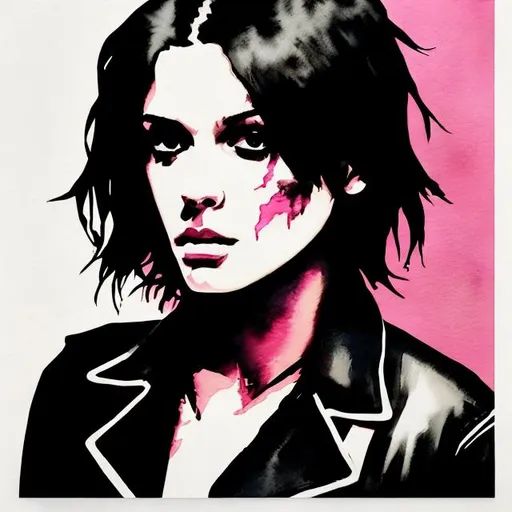 Prompt: young woman, cigarette, punk rock, watercolors, perfect hands, perfect anatomy, leather jacket, acrylics, block colors, like a poster, Gaye Advert, Paul Simenon, by Edgar Wright, paper cutout, (perfect hands), (5 fingers), (perfect anatomy), neat hair