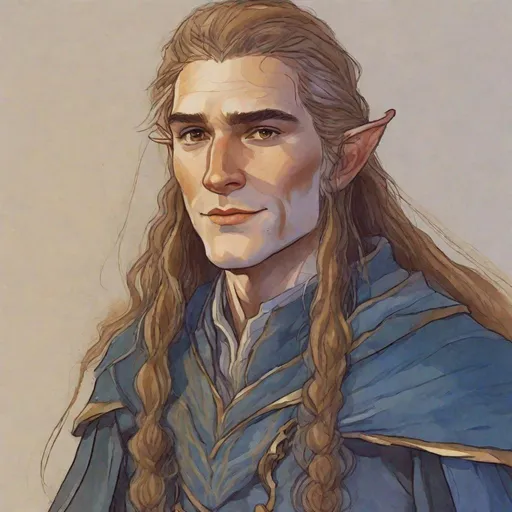 Prompt: tolkien-esque elf, long hair, friendly looking, soft features, male, gouache paint, wearing blue
