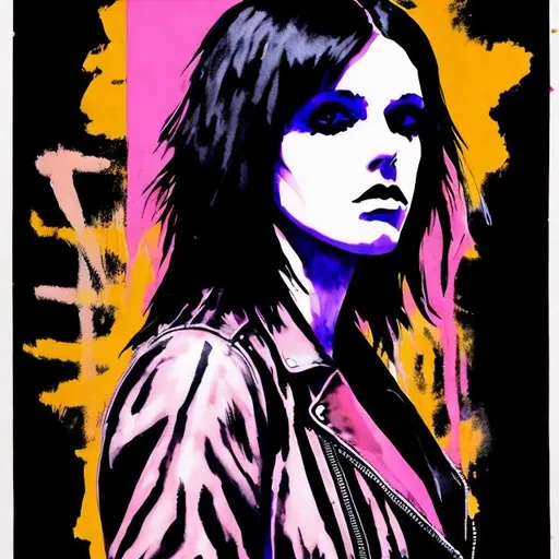 Prompt: young woman, goth, punk rock, watercolors, perfect hands, perfect anatomy, leather jacket, acrylics, block colors, like a poster, Gaye Advert, Paul Simenon, by Edgar Wright, by Andy Warhol, (perfect hands), (5 fingers), (perfect anatomy)