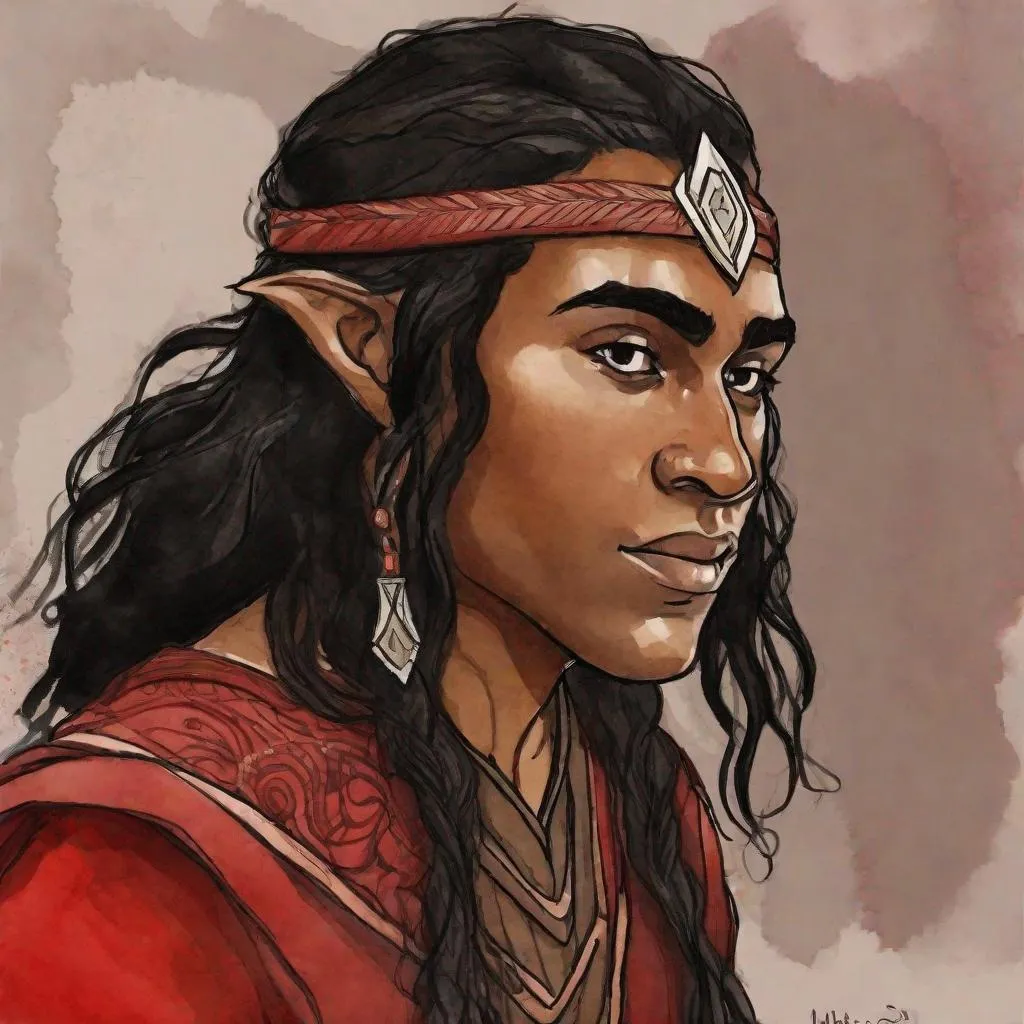 Prompt: tolkien-esque elf, shoulder length hair, friendly looking, male, watercolors, wearing red, black hair, brown skin, Maori, middle eastern headshot