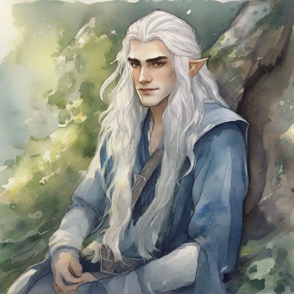 Prompt: tolkien-esque elf, long hair, friendly looking, soft features, male, watercolors, wearing blue, white hair