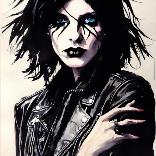 Prompt: young woman, goth, punk rock, watercolors, perfect hands, perfect anatomy, leather jacket, acrylics, block colors, like a poster, Gaye Advert, Paul Simenon, by Edgar Wright, by Andy Warhol, (perfect hands), (5 fingers), (perfect anatomy)