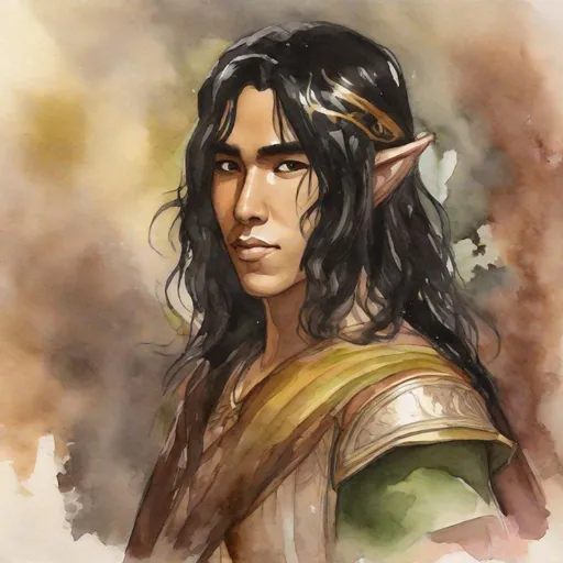 Prompt: Tolkien-esque elf, shoulder length hair, friendly looking, male, watercolors, black hair, brown skin, asian, elf, shows full head, grecian nose, painting