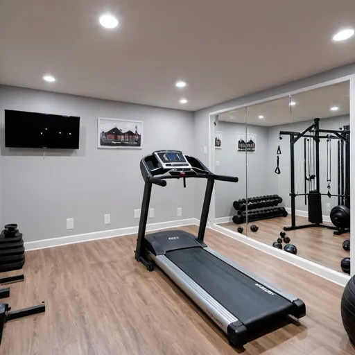 Prompt: Photo of a recently renovated basement home gym
