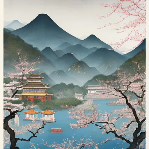 Prompt: an ultradetailed landscape painting of westlake in china hangzhou, pagodas on hills, osmanthus blossoms nearby, fine wind, chinese water color, smooth, sharp focus, illustration, by hilma af klint, 8 k, 1960x1080