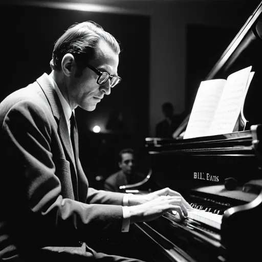 Prompt: A black and white photograph of jazz pianist Bill Evans playing a grand piano in a moody jazz club in 1961, analog film, kodak tri-x, evening photography, grainy realistic monochromatic photo