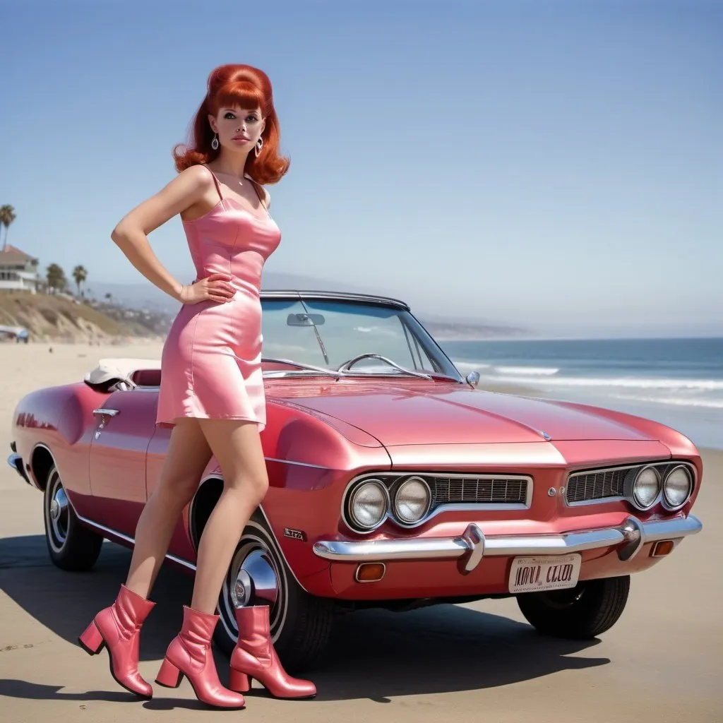 Prompt: A 1960s beautiful young woman with red hair wearing go-go boots and a tight pink satin dress standing next to a shiny 1968 Corvair Monza convertible red car parked along a beach in San Diego, photorealistic, hyperdetailed, 8K, photograph, colour film