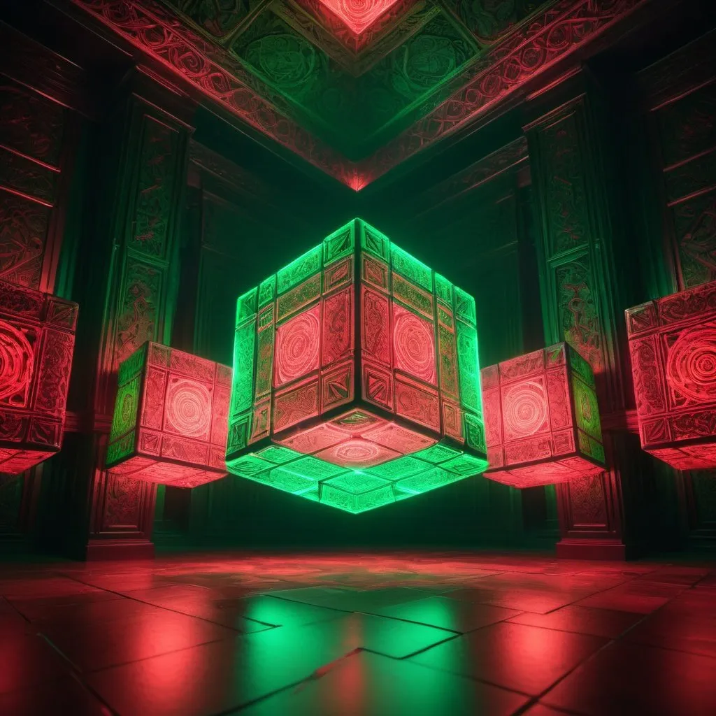 Prompt: Several huge glowing cubes touching each other, crimson and green glow, ultra-detailed, large scale, intricate designs, atmospheric lighting, floor view, dream setting, high quality, detailed shadows, synthwave, rich colors, ornate carvings, intricate patterns, dramatic lighting, aged textures