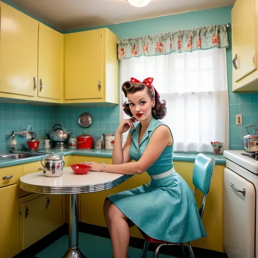 Prompt: 1950's style pin up girl, vintage dress, vintage hair style, sitting in a 1950's kitchen nook with a formica and chrome kitchen table, photorealistic, colourful, kitschy 