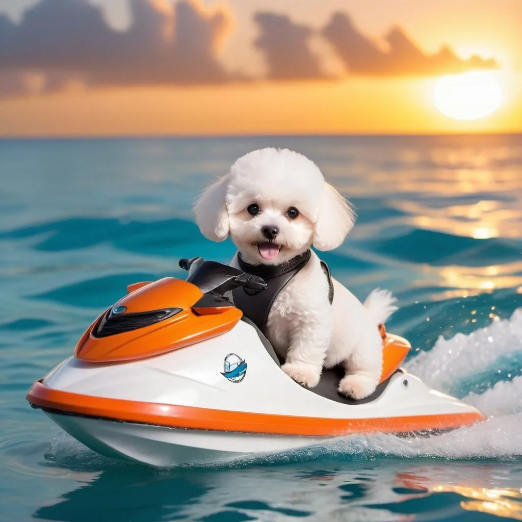 Prompt: A bichon frise puppy riding a miniature jet ski on the Caribbean ocean with playful dolphins nearby during a spectacular sunset, playful, detailed fur, high quality, dreamy lighting