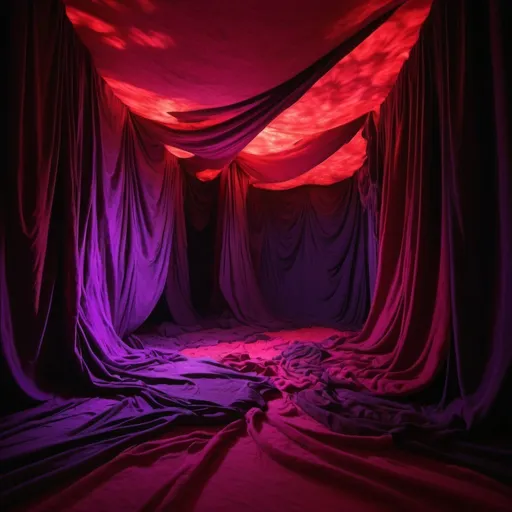 Prompt: An abstract cavernous glowing room filled with crimson and purple light with walls made of red and black clothes coarse fabric seamlessly sewn together into one unbroken surface on all walls ,glowing,diffuse, ketamine, dreamlike, textures