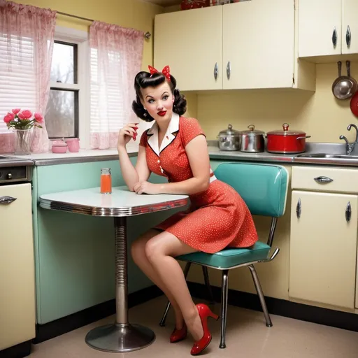 Prompt: 1950's style pin up girl, vintage dress, vintage hair style, sitting in a 1950's kitchen nook with a formica and chrome kitchen table, photorealistic, colourful, kitschy 