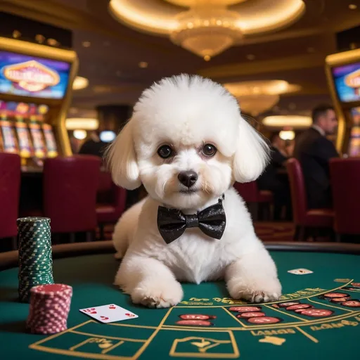 Prompt: Cute bichon frise dog with detailed fur and sparkly eyes, sophisticated bow tie, playing blackjack at a luxurious gaming table, vibrant Las Vegas casino setting, high quality, detailed, adorable, playful, elegant, sophisticated, cute dog, bow tie, blackjack, Las Vegas, luxurious, vibrant, sparkly eyes, detailed fur, playful atmosphere, atmospheric lighting