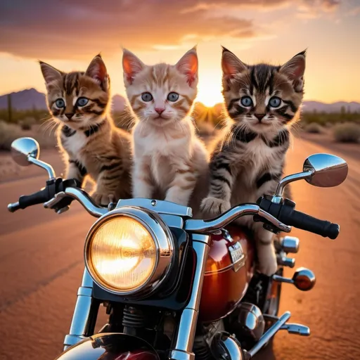Prompt: A group of kittens riding motorcycles in the Arizona desert during a spectacular sunset, playful, detailed fur, high quality, dreamy lighting