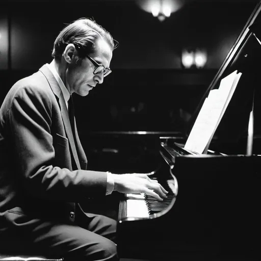 Prompt: A black and white photograph of jazz pianist Bill Evans playing a grand piano in a moody jazz club in 1961, analog film, kodak tri-x, evening photography, grainy realistic monochromatic photo