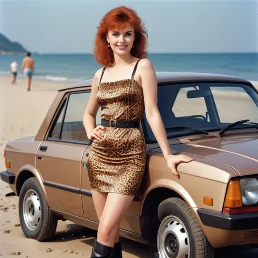 Prompt: A 1980s beautiful young woman with red hair wearing leather boots and a tight leopard print satin dress in eighties style standing next to a shiny 1983 Lada passenger car parked along a beach, with Leoind Brezhnev smiling and wearing beach clothes, photorealistic, hyperdetailed, 8K, photograph, colour film