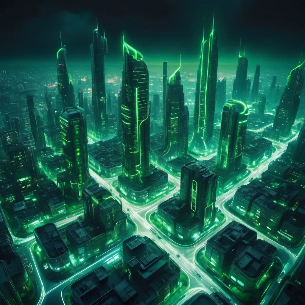 Prompt: Futuristic cityscape aerial view, glowing green cityscape, bulbous multi-layered buildings, winding streets, dark and hazy sky, urban cyberpunk setting, glowing windows, detailed architecture, city lights casting a green glow, highres, ultra-detailed, cyberpunk, futuristic, green tones, atmospheric lighting