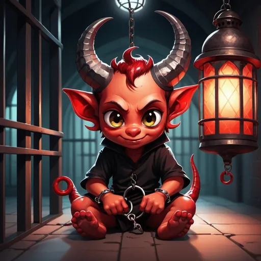 Prompt: Cute devil handcuffed in a jail, waiting for Ramadan to end, digital illustration, detailed horns and tail, high quality, cute and whimsical, anime-style, dark and moody lighting, atmospheric lighting, vibrant red and black tones, detailed eyes, detailed horns and tail, professional, dangling from ceiling Ramadan lantern
