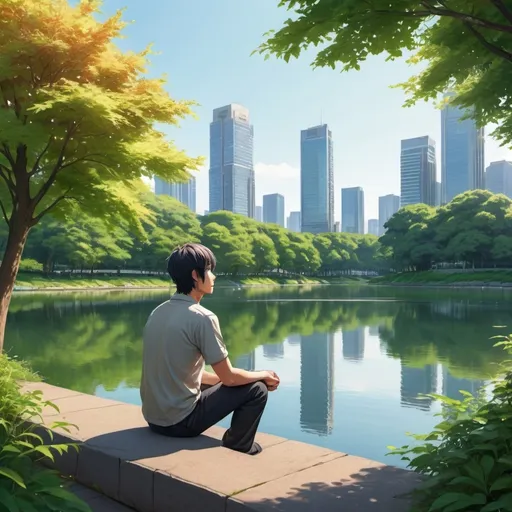 Prompt: (anime image of a 36-year-old man), serene posture, sitting by a picturesque lake, lush greenery surrounding, urban park atmosphere, skyscrapers in the background, warm sunlight filtering through leaves, reflective water surface, vibrant colors, peaceful ambiance, nature vs. urban contrast, high detail, ultra-detailed composition, inviting scene.