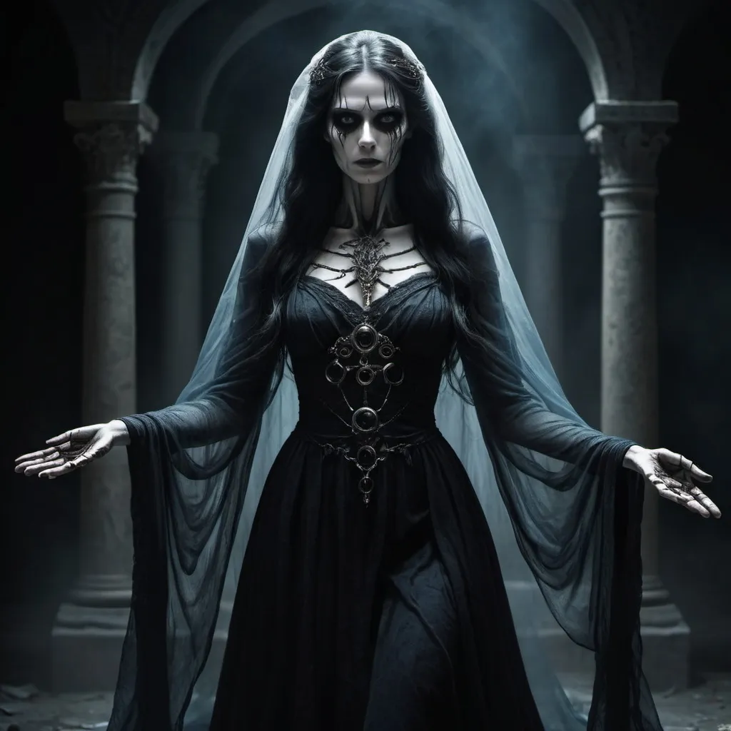 Prompt: A spectral woman in a flowing ancient gown that seems to be made of shadows. Her eyes are empty voids and her skeletal hands are adorned with cursed rings.
- Abilities: Can control shadows to ensnare and suffocate her victims. Her touch drains life force leaving victims as hollow shells of their former selves.
- Backstory: A vengeful spirit of a betrayed queen seeking to reclaim her throne by absorbing the souls of the living