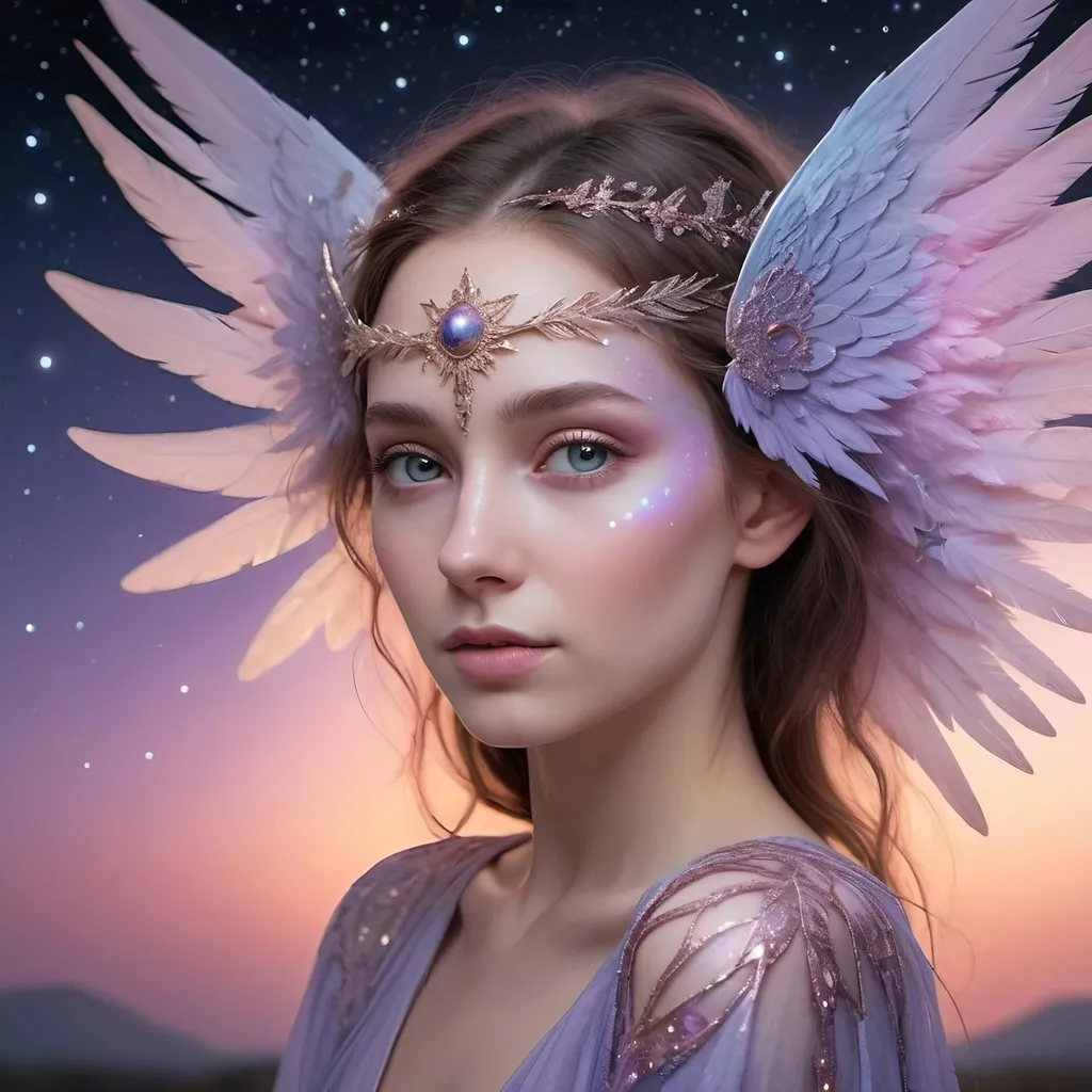 Prompt: A Hyper-Realistic Portrait of a Celestial Being with Luminescent Wings in a Twilight Sky:
   The being's skin glows with a soft, otherworldly light, and its wings are adorned with intricate, iridescent feathers that shimmer with every hue of the twilight sky. The face is serene, with eyes that reflect the cosmos. The background is a gradient of twilight colors, from deep purples to soft pinks, with stars beginning to twinkle. The clothing is minimal, focusing on the ethereal beauty of the being. The mood is divine and awe-inspiring, emphasizing the delicate textures of the wings, the soft glow of the skin, and the serene, celestial atmosphere