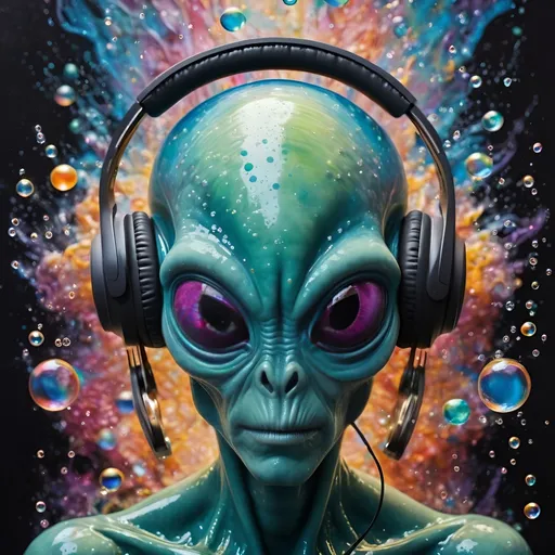 Prompt: A breathtaking super hyperrealistic image of an alien immersed in the depths of a sea of bubbles, surrounded by a vibrant and abstract scene. The alien's face is intricately detailed, with futuristic headphones adorning its ears, set in an abstract environment reminiscent of nihilism artists. The design showcases complex and advanced technology, with bright elements that captivate the viewer's attention. The overall composition conveys a profound message through an abstract concept, enriched with a palette of incredibly rich colors and exquisite details that mesmerize the beholder.