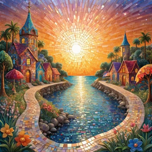 Prompt: Julie Paschkis +alejibre Art+ETSY ART ,VIVID COLORFUL, Karla Gerard +Lisa Graa Jensen +village tower+paths+Gerard WHIMSICAL,🏔️🌲✨☀️🦋🌸🌺💐💗🎨⛵️ NAIVE ART +JOSEPHINE WALL, MARY BLAIR ,Tempered glass wall art, small mirror crystals, mother-of-pearl pearls and gold +colored glass tiny glass mosaic vitral panel, abstract beach sunset TRENDING ARTSTATION,64K, 8 RENDER,volumetric lighting, glass lighting very bright and carved, shiny, reflecting luminescence concept art storybook illustration photoillustration wet wash volumetric lighting mosaic Unreal Engine 5 VRay serene sunshine rays fantasy