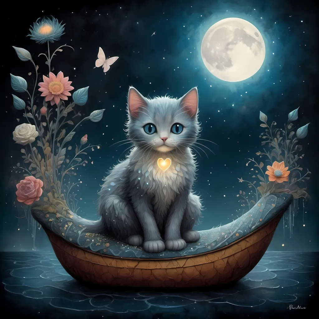 Prompt: A breathtakingly surreal and dreamy digital illustration by Andy Kehoe and Rebecca Green, depicting a magical world. At the center is a tiny, adorable kitty, perched elegantly on a women's shoe, its huge round eyes filled with curiosity. The kitty's fur is a dazzling array of colors, while its eyes seem to hold the secrets of the universe. Surrounding it are intricately detailed flowers, hearts floating in the air, and a mesmerizing ethereal atmosphere. The scene is illuminated by moonlight and a soft wash of cold blue and white, with the kitty's hair and shimmering scales captured in the quiet darkness. The composition is complex and cinematic, with whispers of lonely coves, waves, shadowy rocky cliffs, and starlight adding to the enchanting and serene ambiance