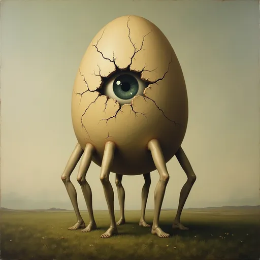 Prompt: Image is a surrealist painting featuring an egg-like structure with a cracked surface, revealing a single eye at its center. The egg is positioned upright on a grassy landscape, with six human-like legs protruding from its sides, each bent at the knee and extending outward. The background is a muted, earthy tone, with a horizon line suggesting a distant landscape. The painting has a dreamlike quality, with soft, blended brushstrokes and a subdued color palette of browns, greens, and grays. Zdzisław Beksiński