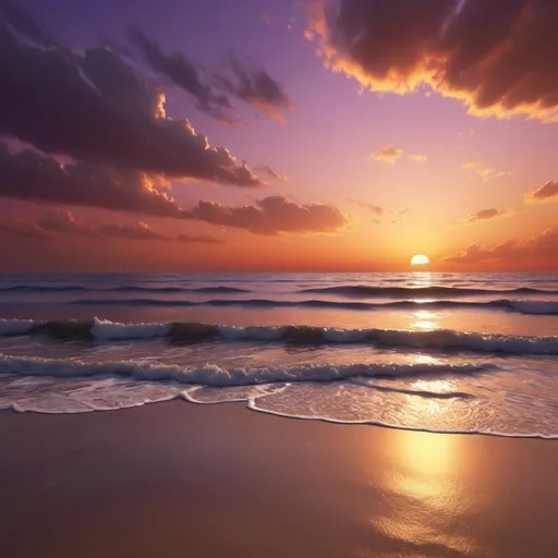 Prompt: (sunset in Arabic script) غروب الشمس, warm golden tones, radiant twilight sky, serene atmosphere, silhouetted skyline, scattered clouds with vibrant hues of orange, pink, and purple, tranquil ocean reflecting the colors of the sky, gentle waves on the shore, photorealistic, ultra-detailed, cinematic quality, high depth of field, dramatic lighting, peaceful and calming mood, 4K resolution, masterful use of color and light, high-quality rendering.