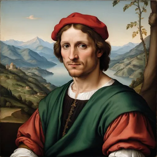 Prompt: "A painted portrait of a man in the style of Italian Renaissance painter Raphael with mountains in the background."
