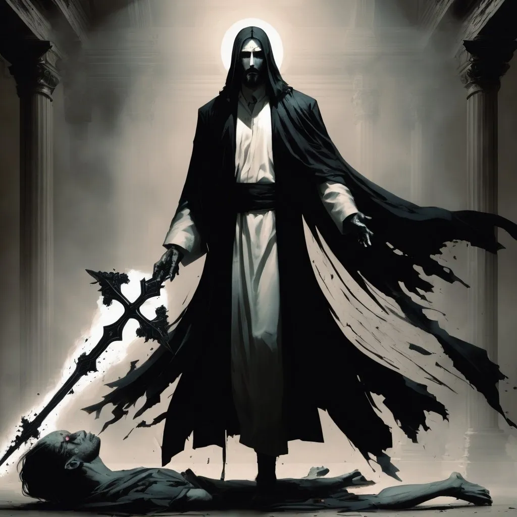 Prompt: A guy in a black suit with a white shirt and a black tie... wearing a long black coat and black messy sidepart.. with a large cross on his back (his weapon which is inside the cross (cross is just like Jesus's cross) which is mummified in dark cloth).. and a dark veil covered his eyes and half of his head... Carrying out Justice by his own... and punishing the sinners.

Personality: Very cold and reactionless, you cannot feel life from him... it feels like he is a killing machine.

Weapon: This weapon can be used in both revealed and it's unrevealed form... making it a multipurpose weapon capable of both helping in dodging attacks and attacking.
Special: This cross has a garanteed hit with a very high damage ignoring the power of the opponent, it damages the core of thiers... the revealed form of weapon possess unknown powers... and has never been revealed because of those powers. if the rags of the cross is torn, he weapon will be revealed.
note: the dark veil and rags is supposed seal his and his weapon's aura