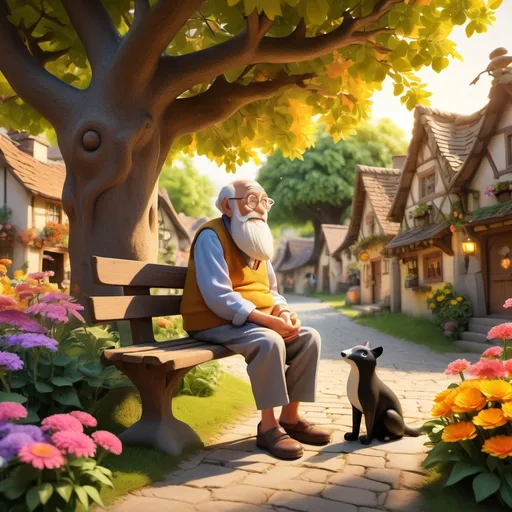 Prompt: "Create a vibrant and heartwarming scene set in a charming village, featuring a wise old man with a twinkle in his eye. He is sitting on a wooden bench under a large, leafy tree, surrounded by colorful flowers and playful animals. The sun is setting in the background, casting a warm, golden light over the village. The old man has a long white beard, wears a cozy vest and a straw hat, and is telling stories to a group of captivated children sitting around him. Add whimsical elements like floating lanterns and butterflies to enhance the magical atmosphere, ensuring the image captures the essence of joy, nostalgia, and community."