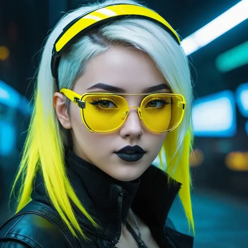 Prompt: a cyberpunk girl, Wear clear yellow glasses, cyberpunk