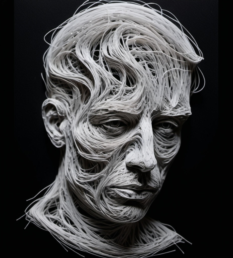 Prompt: Create a surreal portrait of a face entirely made of intricate white scribbles on a solid black background. The scribbles should form facial features and expressions, giving the man a melancholic and contemplative appearance, symbolizing depression and anxiety. Use chaotic, overlapping lines to depict emotional turmoil while ensuring the facial structure is discernible. The white scribbles should contrast sharply with the black background to emphasize the stark and intense emotional theme.