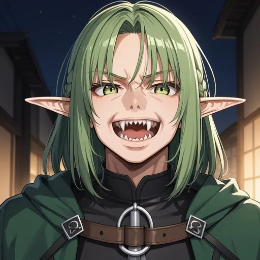 Prompt: attractive man. anime. jrpg. ugly dark green bob hair. hooked nose. fangs. sharp teeth. elf ears