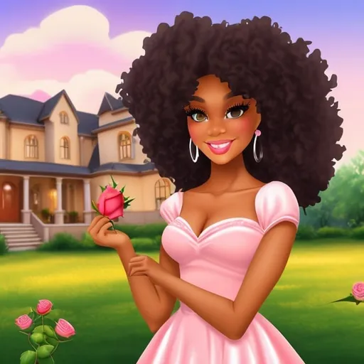 Prompt: Beautiful  African American with curly  hair Princess, making money. with a  7 bedroom home with beautiful rose landscape, with gorgouse grass