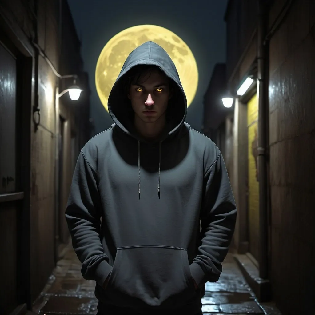 Prompt: Character portrait of a hooded figure in a dark alleyway, darkly shadowed face, yellowish full moon in the background, atmospheric lighting, digital painting, intense gaze, mysterious aura, urban setting, highres, dark tones, moonlit night, hooded sweatshirt, professional, lyco art, character portrait, Keos Masons, moonlit alleyway, intense eyes, atmospheric lighting, digital painting