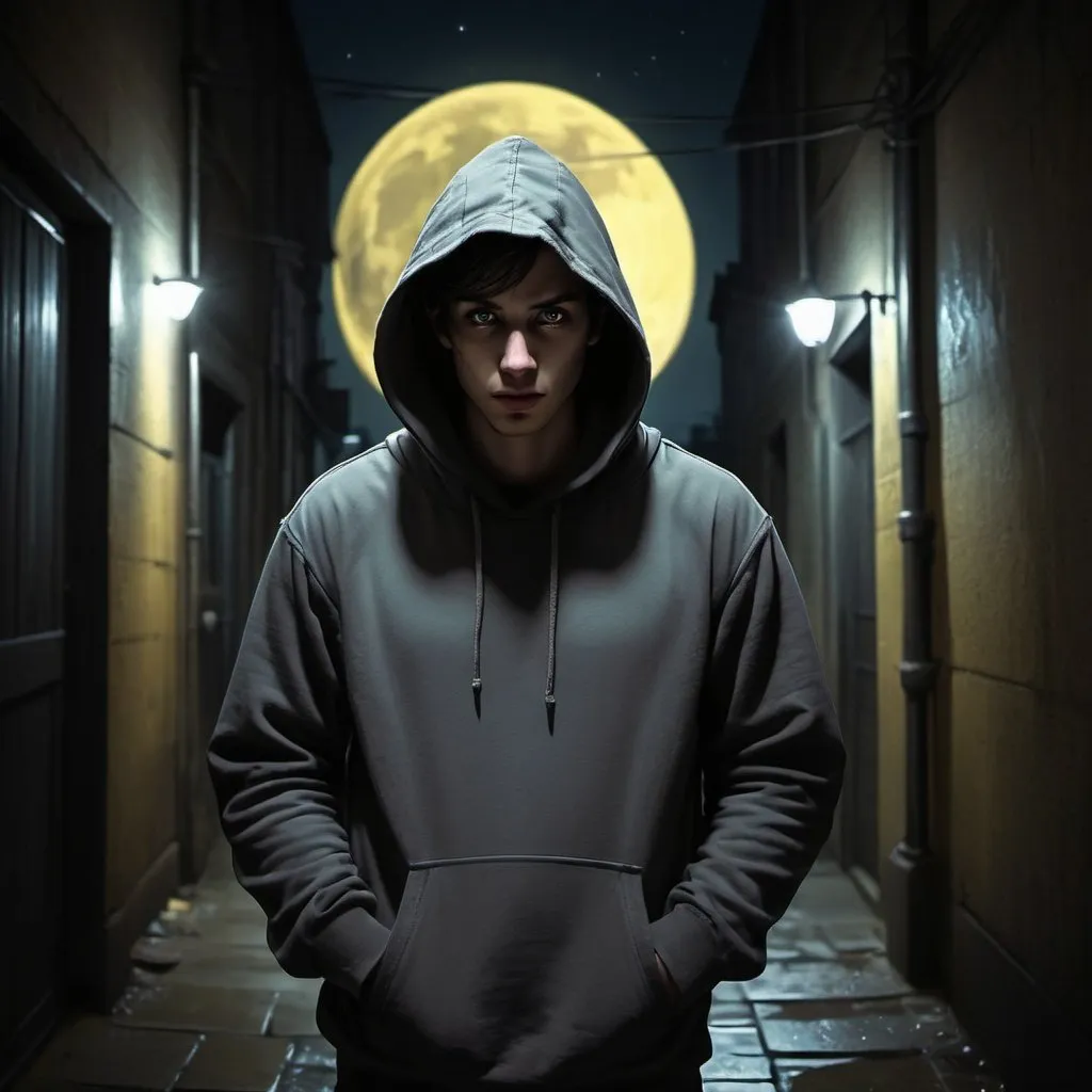 Prompt: Character portrait of a hooded figure in a dark alleyway, darkly shadowed face, yellowish full moon in the background, atmospheric lighting, digital painting, intense gaze, mysterious aura, urban setting, highres, dark tones, moonlit night, hooded sweatshirt, professional, lyco art, character portrait, Keos Masons, moonlit alleyway, intense eyes, atmospheric lighting, digital painting