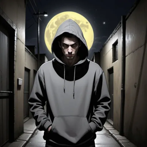 Prompt: Character portrait of a hooded figure in a dark alleyway, darkly shadowed face, yellowish full moon in the background, atmospheric lighting, digital painting, intense gaze, mysterious aura, urban setting, highres, dark tones, moonlit night, litter on ground, hooded sweatshirt, professional, lyco art, character portrait, Keos Masons, moonlit alleyway, intense eyes, atmospheric lighting, digital painting