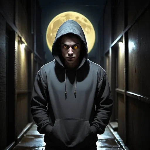 Prompt: Character portrait of a hooded figure in a dark alleyway, darkly shadowed face, yellowish full moon in the background, atmospheric lighting, digital painting, intense gaze, mysterious aura, urban setting, highres, dark tones, moonlit night, hooded sweatshirt, professional, lyco art, character portrait, Keos Masons, moonlit alleyway, intense eyes, atmospheric lighting, digital painting