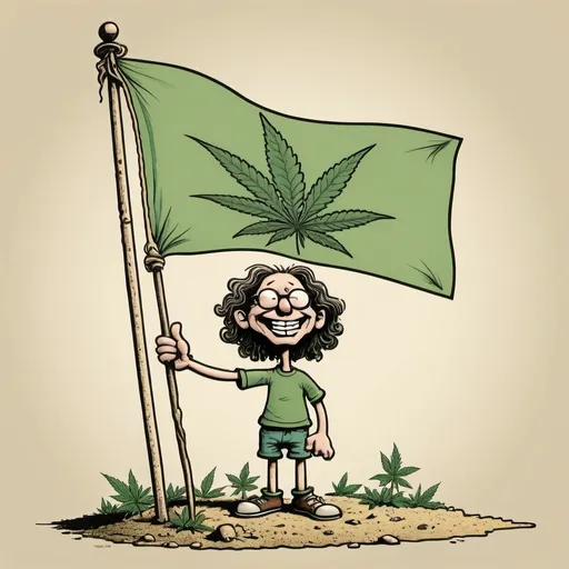 Prompt: Light green flag with marijuana leaf in center, small numbers 420 in beige on flag background, Robert Crumb style drawing, 1960s hippy holding pole, flag on pole in ground, high quality, detailed, vintage, Robert Crumb style, 1960s, hippie, marijuana leaf, light green, beige, retro, detailed illustration, iconic, ground pole, peaceful vibes, artistic cartoon, vibrant colors, unique perspective, whimsical