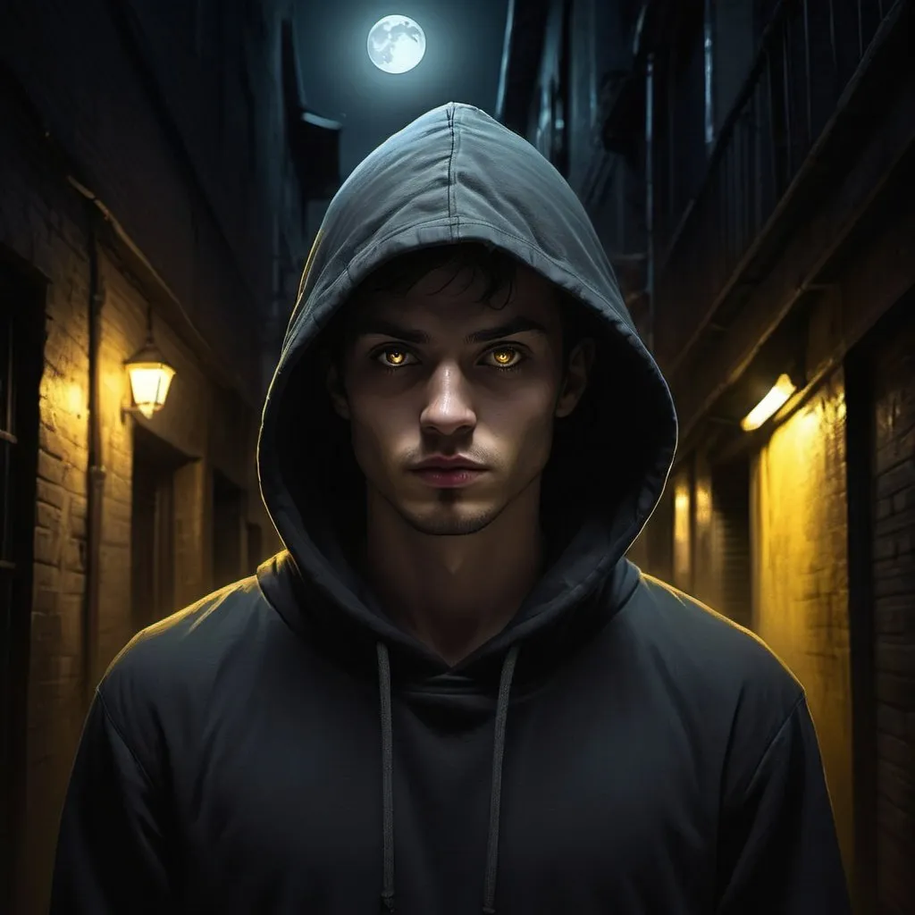 Prompt: Character portrait of a hooded figure in a dark alleyway, darkly shadowed face, yellowish full moon in the background, atmospheric lighting, digital painting, intense glowing gaze, mysterious aura, urban setting, highres, dark tones, moonlit night, hooded sweatshirt, professional, lyco art, character portrait, Keos Masons, moonlit alleyway, intense eyes, atmospheric lighting, digital painting