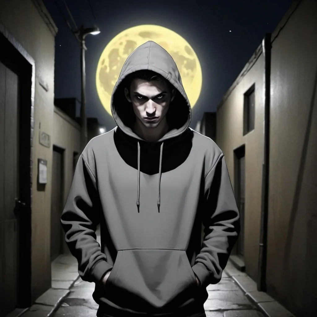 Prompt: Character portrait of a hooded figure in a dark alleyway, darkly shadowed face, yellowish full moon in the background, atmospheric lighting, digital painting, intense gaze, mysterious aura, urban setting, highres, dark tones, moonlit night, litter on ground, hooded sweatshirt, professional, lyco art, character portrait, Keos Masons, moonlit alleyway, intense eyes, atmospheric lighting, digital painting