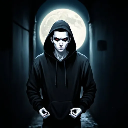 Prompt: Character portrait of a hooded figure in a dark alleyway, full moon in the background, atmospheric lighting, digital painting, detailed facial features, intense gaze, mysterious aura, urban setting, highres, dark tones, moonlit night, hooded sweatshirt, professional, lyco art, character portrait, Keos Masons, moonlit alleyway, intense eyes, atmospheric lighting, digital painting