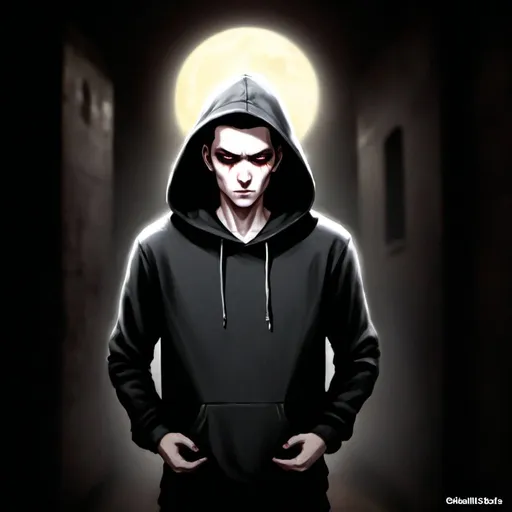 Prompt: Character portrait of a hooded figure in a dark alleyway, full moon in the background, atmospheric lighting, digital painting, detailed facial features, intense gaze, mysterious aura, urban setting, highres, dark tones, moonlit night, hooded sweatshirt, professional, lyco art, character portrait, Keos Masons, moonlit alleyway, intense eyes, atmospheric lighting, digital painting