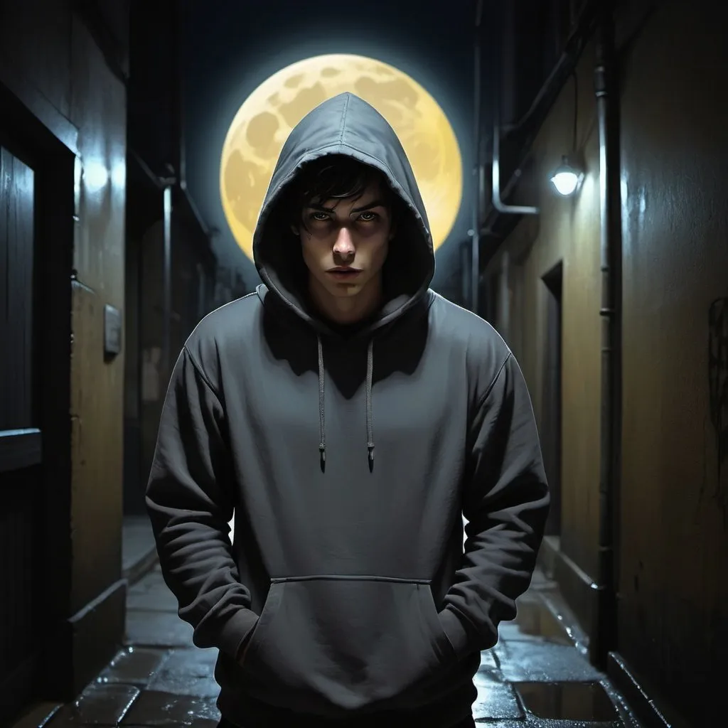 Prompt: Character portrait of a hooded figure in a dark alleyway, darkly shadowed face, yellowish full moon in the background, atmospheric lighting, digital painting, intense gaze, mysterious aura, urban setting, highres, dark tones, moonlit night, hooded sweatshirt, professional, lyco art, character portrait, Keos Masons, moonlit alleyway, intense eyes, atmospheric lighting, digital painting