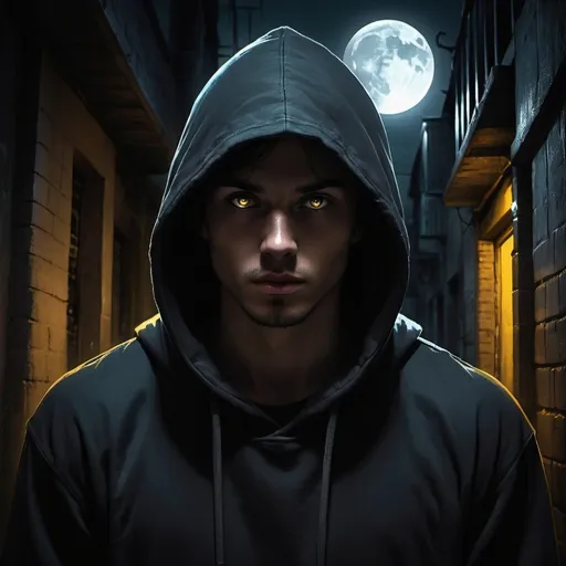 Prompt: Character portrait of a hooded figure in a dark alleyway, darkly shadowed face, yellowish full moon in the background, atmospheric lighting, digital painting, intense glowing gaze, mysterious aura, urban setting, highres, dark tones, moonlit night, hooded sweatshirt, professional, lyco art, character portrait, Keos Masons, moonlit alleyway, intense eyes, atmospheric lighting, digital painting