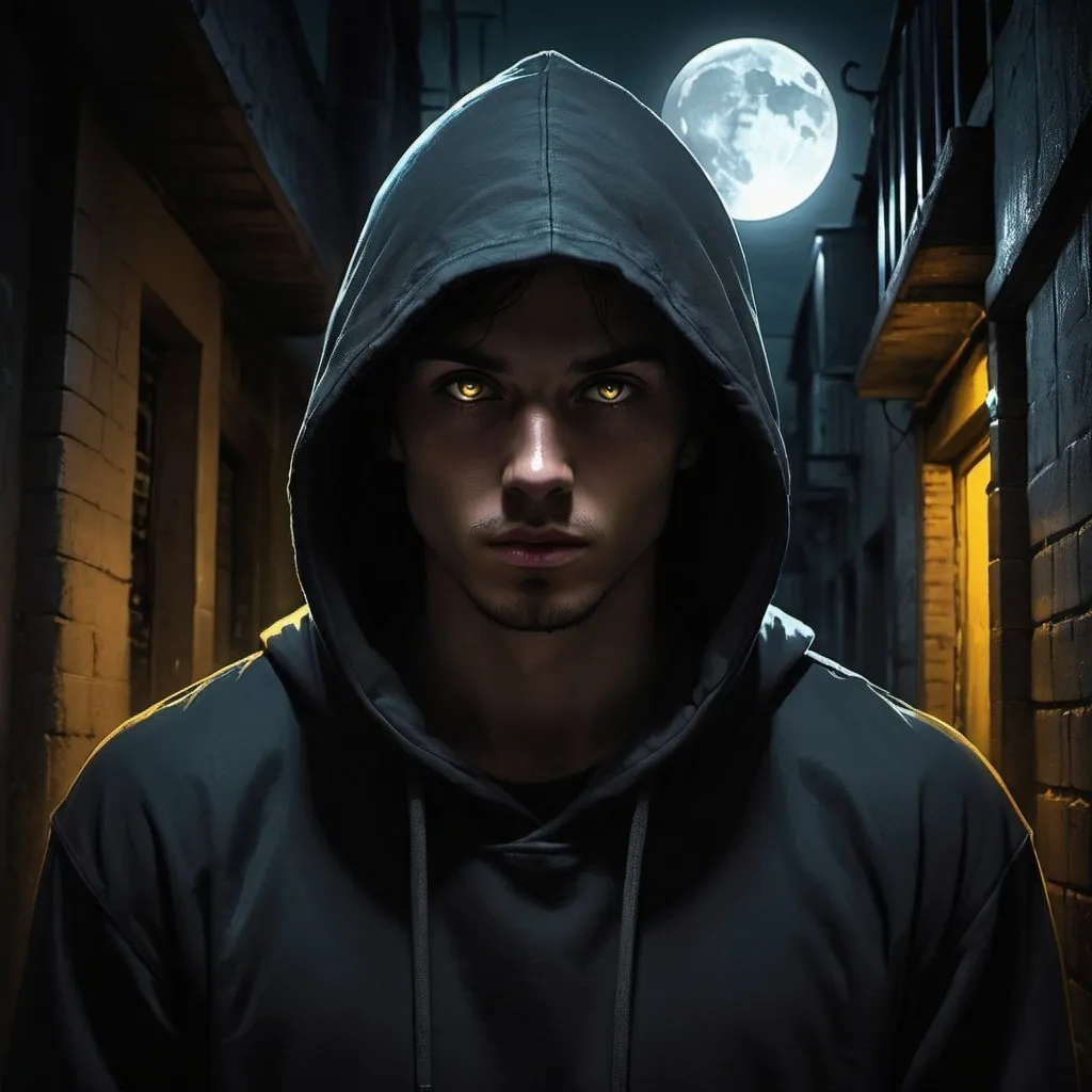 Prompt: Character portrait of a hooded figure in a dark alleyway, darkly shadowed face, yellowish full moon in the background, atmospheric lighting, digital painting, intense glowing gaze, mysterious aura, urban setting, highres, dark tones, moonlit night, hooded sweatshirt, professional, lyco art, character portrait, Keos Masons, moonlit alleyway, intense eyes, atmospheric lighting, digital painting